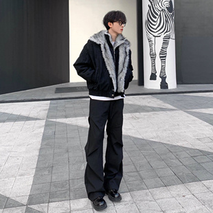 美式高街褶皱微喇裤子男款秋冬季cleanfit阔腿工装裤加绒休闲西裤