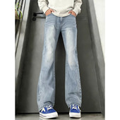 显瘦直筒裤 浅蓝色微喇牛仔裤 高街vibe裤 子cleanfit修身 男款 冬美式