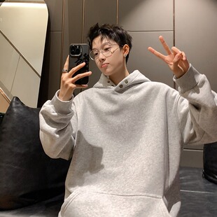 白灰色重磅纽扣连帽卫衣男款潮牌高级感痞帅美式cleanfit秋季外套