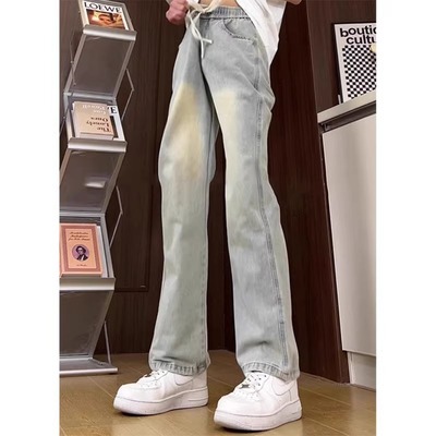 松紧腰抽绳微喇牛仔裤cleanfit
