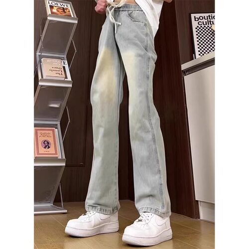 松紧腰抽绳微喇牛仔裤cleanfit