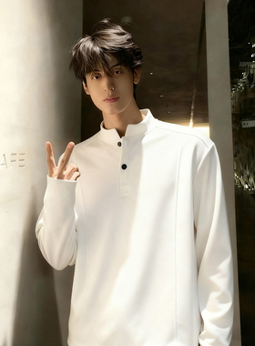 白灰色亨利领正肩长袖t恤男秋季美式解构拼接重磅卫衣立领打底衫