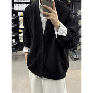 韩系黑色V领开衫卫衣男款早春华夫格叠穿上衣cleanfit慵懒风外套