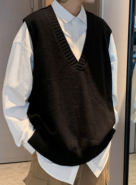 原宿风V领dk制服马甲毛衣男慵懒高级感针织背心学院风坎肩外套秋