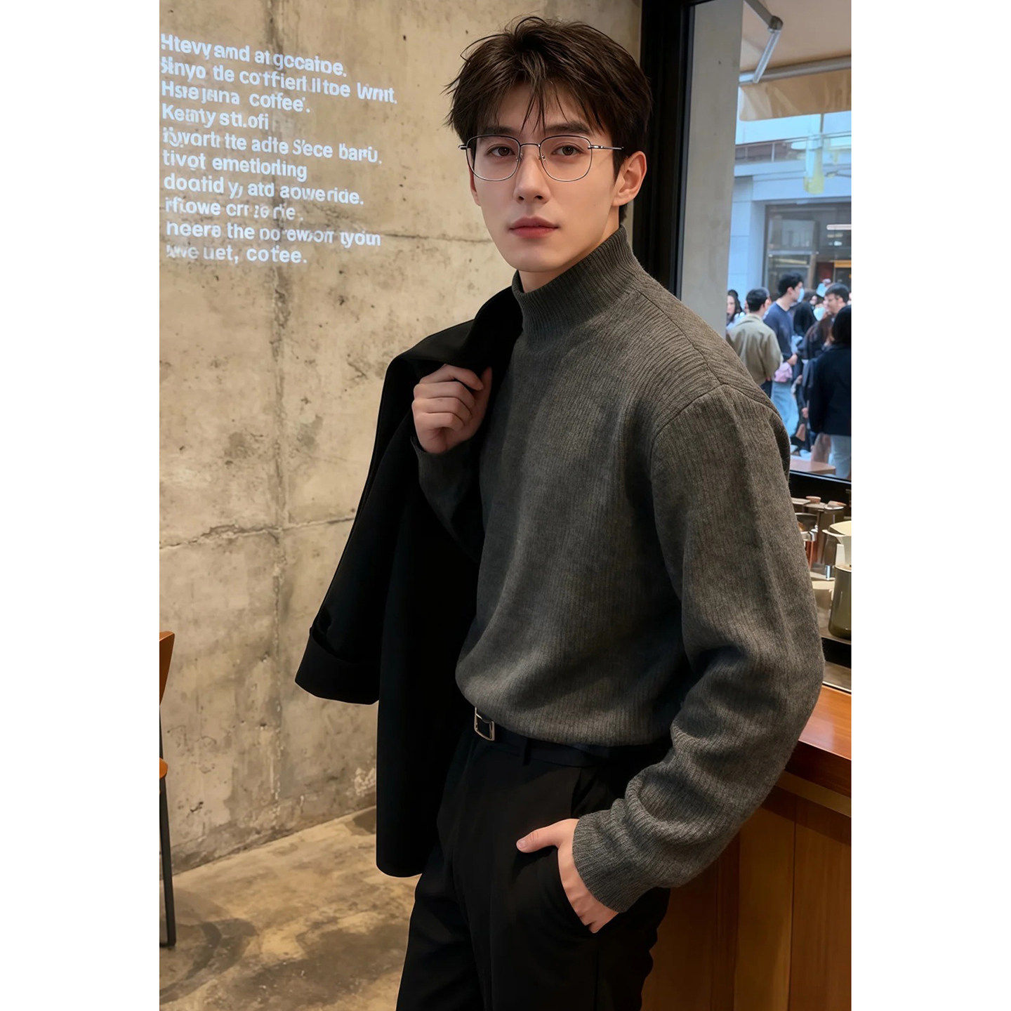 深灰色半高领针织衫男秋冬修身加厚内搭打底衫高级感英伦雅痞毛衣