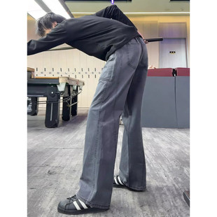 灰色斜切工装牛仔裤男款春季vibe美式高街弯刀直筒裤cleanfit裤子