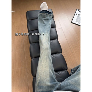 美式蓝色闪电纹牛仔裤男款春季高街vibe风微喇裤毛边设计直筒裤子