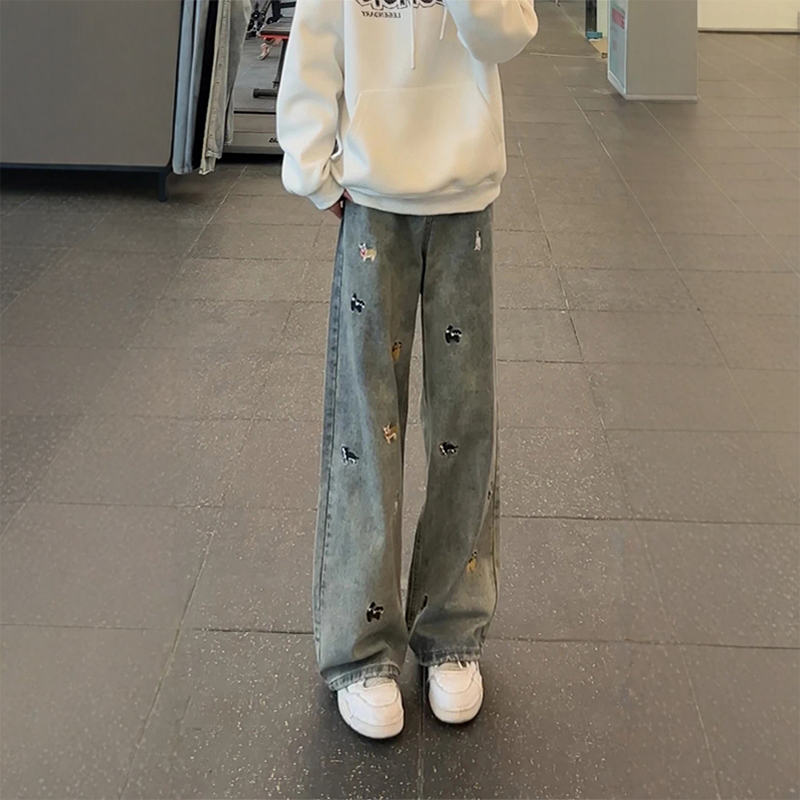 小狗刺绣牛仔裤男款秋季显瘦