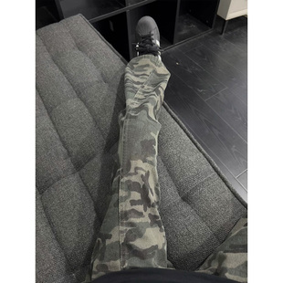 美式高街弯刀牛仔裤男夏季薄款迷彩工装裤cleanfit提档显瘦微喇裤