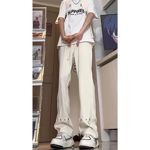排扣休闲裤男潮牌微喇白色长裤子美式高街hiphop痞帅运动垂感西裤