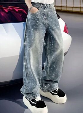 浅蓝色闪钻满天星设计牛仔裤阔腿宽松休闲直筒裤子男潮牌痞帅长裤