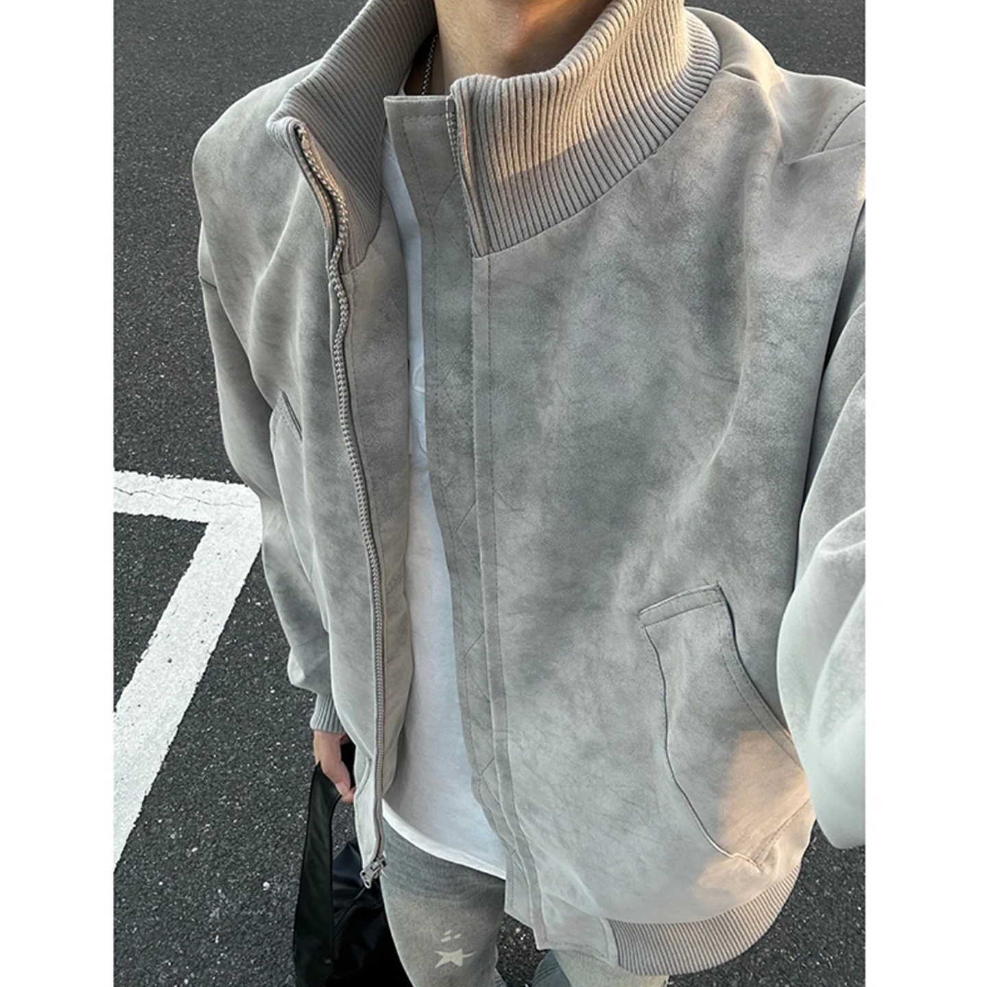 灰色扎染PU皮衣外套男秋季防风短款棒球服cleanfit立领飞行员夹克