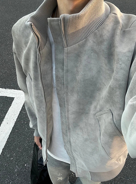 灰色扎染PU皮衣外套男秋季防风短款棒球服cleanfit立领飞行员夹克