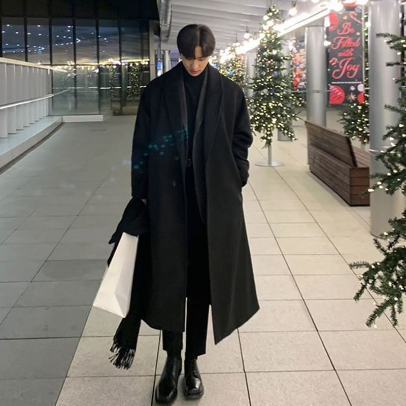 毛呢大衣男中长款过膝黑色秋冬季
