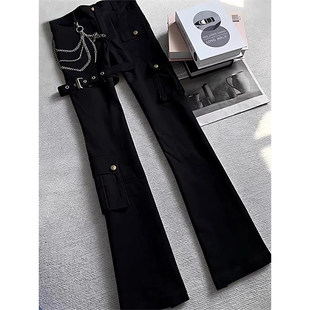 美式高街绑带微喇工装裤男款潮牌vibe直筒裤子提档显瘦修身牛仔裤