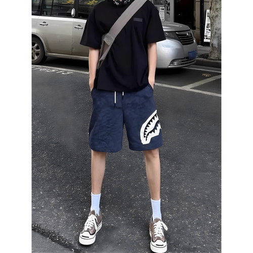 藏青贴布鲨鱼嘴男五分运动短裤