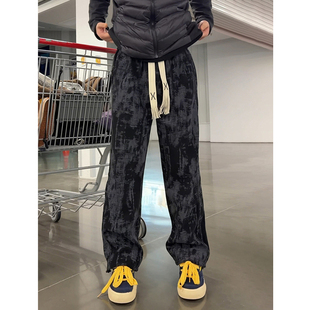 直筒阔腿休闲裤 黑色扎染复古灯芯绒裤 加厚重磅弯刀卫裤 冬季 子男款