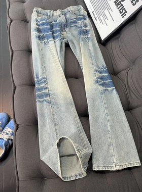 cleanfit闪电纹斜切弯刀牛仔裤男冬美式高街vibe裤子不贴腿微喇裤