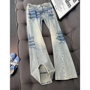 子不贴腿微喇裤 高街vibe裤 男冬美式 cleanfit闪电纹斜切弯刀牛仔裤