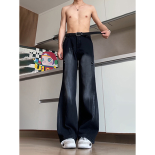 男夏季 高街显腿长微喇裤 薄款 子美式 痞帅提裆裤 黑色水洗弯刀牛仔裤