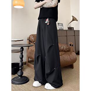 痞帅潮流宽松阔腿休闲长裤 早秋cleanfit风暗黑褶皱铆钉西裤 男美式