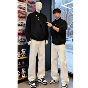 cleanfit白色微喇牛仔裤男款秋冬季加绒弯刀直筒裤提档显瘦裤子