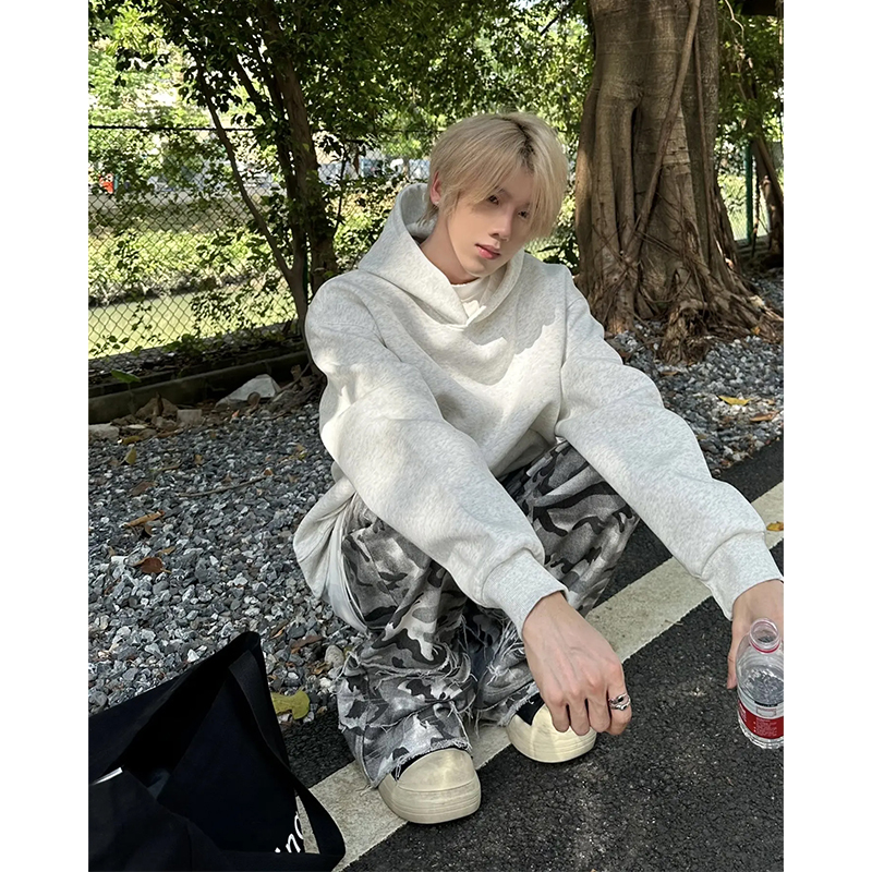 白花灰美式重磅连帽卫衣