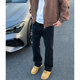 显腿长直筒长裤 美式 加绒黑色牛仔裤 cleanfit弹力修身 高街裤 子男款