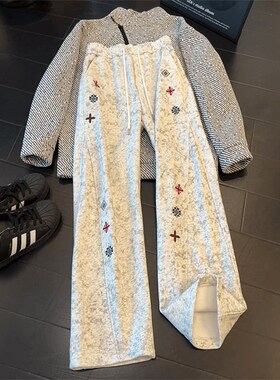 花灰色刺绣弯刀卫裤男款秋冬美式复古扎染vibe裤子宽松直筒休闲裤