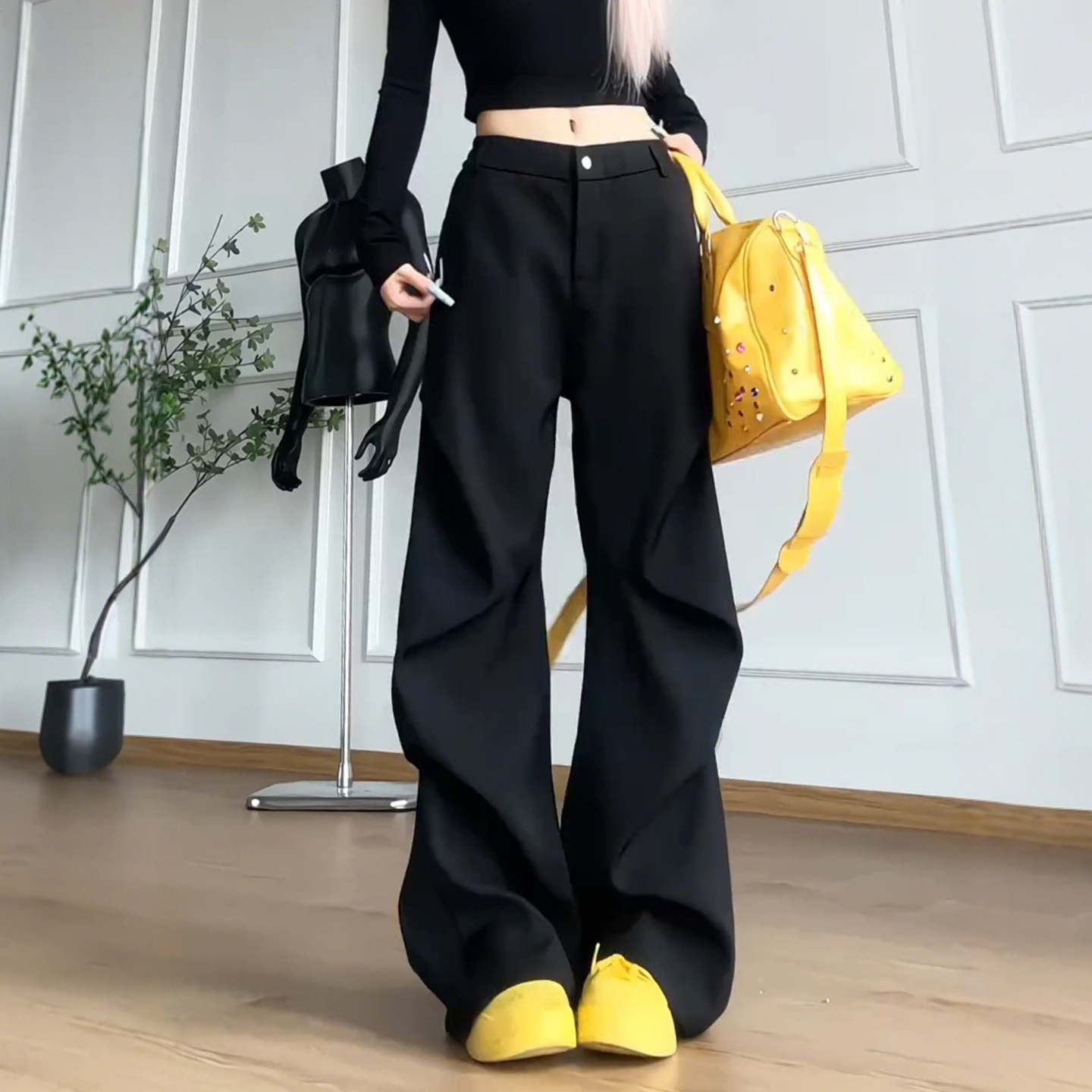 美式黑色褶皱弹力弯刀西裤男女那不勒斯垂坠感高级感直筒高腰裤子,男装,休闲裤,淘宝优惠券,粉丝福利购,淘宝优惠卷