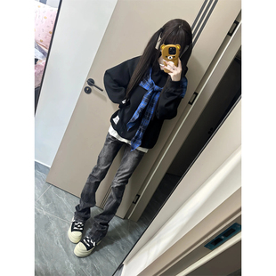 美式高街vibe风水洗黑闪电纹牛仔裤男款cleanfit修身直筒显瘦裤子