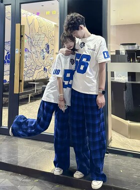 美式高街蓝色格子裤男女夏季轻薄透气休闲裤子cleanfit阔腿弯刀裤