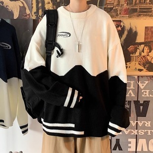 圆领毛衣男秋冬加厚港风宽松针织衫 帅气黑白撞色线衣男生外套 新款