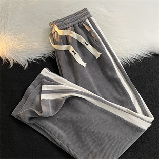 子 百搭宽松直筒九分运动阔腿裤 侧边条纹撞色灯芯绒休闲裤 男春夏季