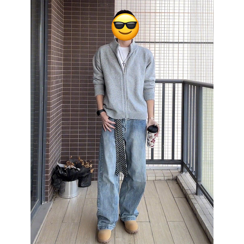 王安宇同款灰色开衫毛衣男秋冬美式慵懒风立领针织衫cleanfit外套