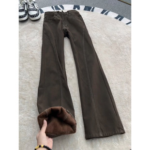 棕色美式复古加绒牛仔裤男款秋冬季高街微喇裤子显腿长斜切工装裤