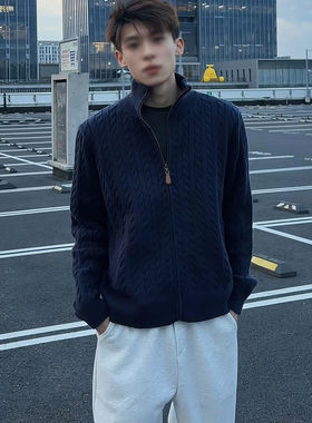 藏青麻花纹男士秋冬立领针织开衫
