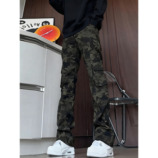 美式迷彩微喇工装裤男高级感痞帅秋季vibe裤子修身窄版直筒牛仔裤