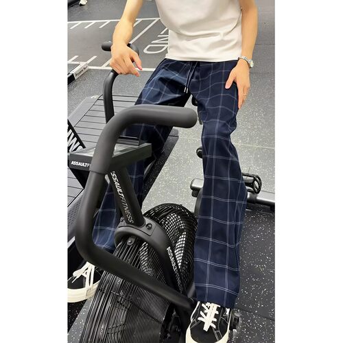 夏季美式高街蓝格速干阔腿裤