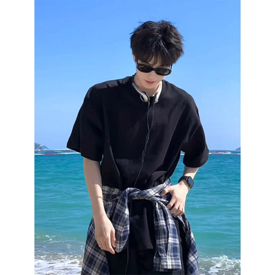 黑色重磅纯棉男款短袖潮T