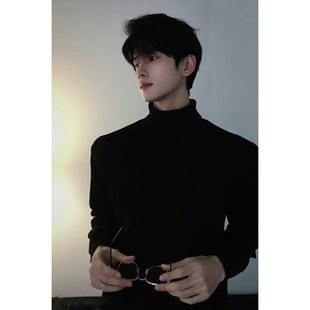 黑色高领打底毛衣男款冬季高级感痞帅修身内搭针织衫加绒健身长袖