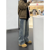 美式 子cleanfit微喇裤 复古蓝直筒牛仔裤 男秋冬加绒宽松垂感加厚裤