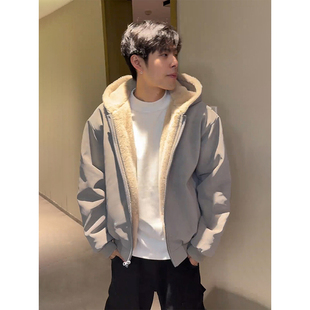 美式雾面皮座山雕外套男冬季短款加厚仿兔毛棉服cleanfit连帽夹克