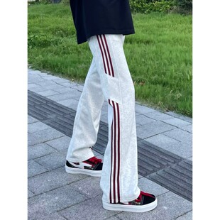 美式花灰色三条杠卫裤男款夏季高个子加长裤子显瘦条纹休闲运动裤