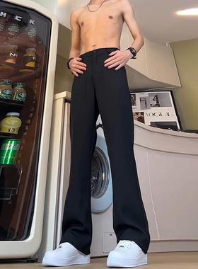 黑色直筒裤子男款秋季高腰弯刀微喇西裤垂感高级感加绒休闲西装裤