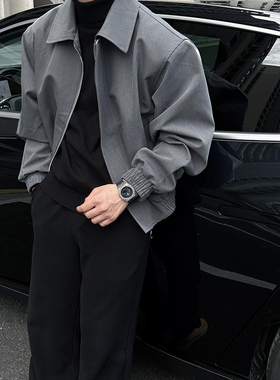 cleanfit灰色短款外套男春秋款美式正肩oversize垫肩翻领行政夹克