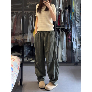 子直筒宽松褶皱阔腿裤 男高级感痞帅青少年秋季 裤 军绿色弯刀工装