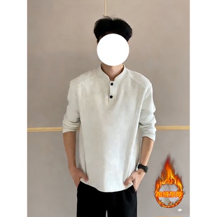 白花灰色加绒亨利领卫衣男款秋冬美式长袖t恤显壮修身内搭打底衫