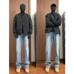 浅蓝色牛仔裤男款冬季高个子加绒裤子美式高街显瘦高腰直筒微喇裤