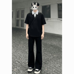 美式高街黑色微喇牛仔裤男款夏季修身百搭提档裤子vibe窄版直筒裤